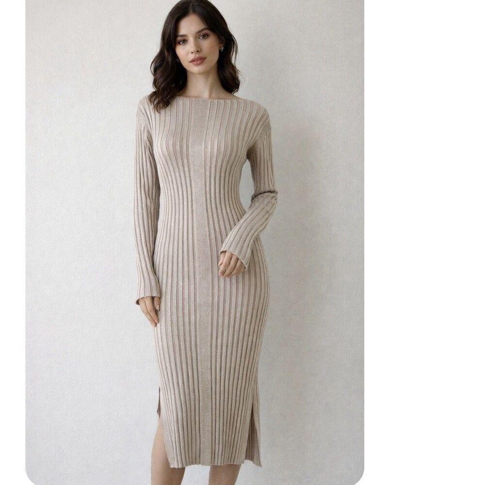 By Malene Birger Alinaho Ribbed Knit Metallic Midi Dress Beige NEW Size M
